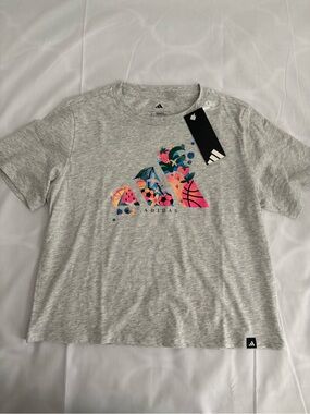 adidas Light Gray Tee with Multicolor Graphic Logo